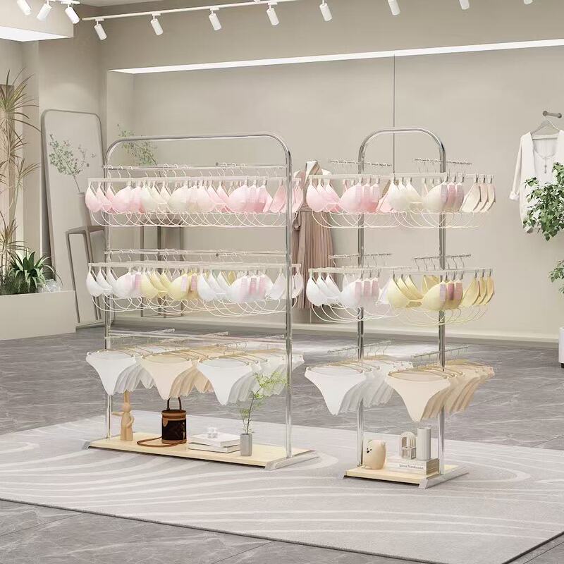 Stainless Steel Shelves for Lingerie Stores, Underwear Display Floor Stand, Double-Sided Island Rack, Bra and Underwear Promotion Rack