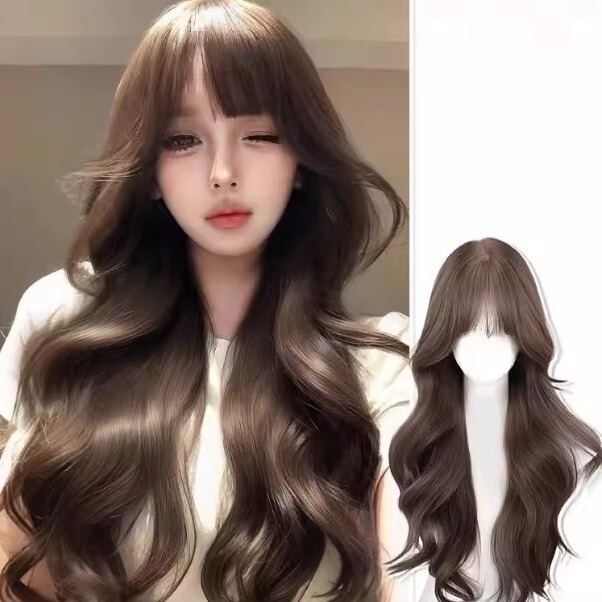 Korean Craftsmanship Korean Girl Wig Full Head Set for Women, Realistic Large Scalp, Natural Fluffy Big Wave Long Curly Hair Wig Set