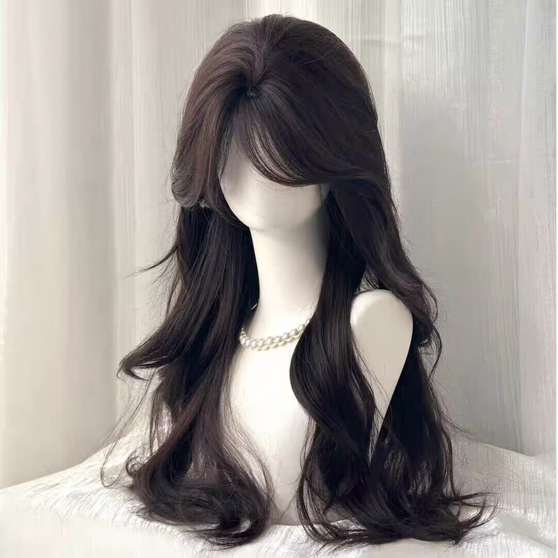 Wig for Women, Long Hair, Lolita Style, Middle Parting, Long Curly Hair, Black Tea Color, Versatile, Jk Cute, Natural, Full Wig