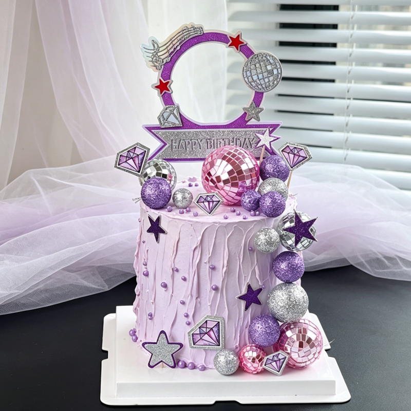 Birthday Themed Purple and Silver Star Diamond Sparkling Double-Layer Hp Topper Cake Decoration Laser Ball Ornament Birthday Themed Purple and Silver Star Diamond Sparkling Double-Layer Hp Topper Cake Decoration Laser Ball Ornament