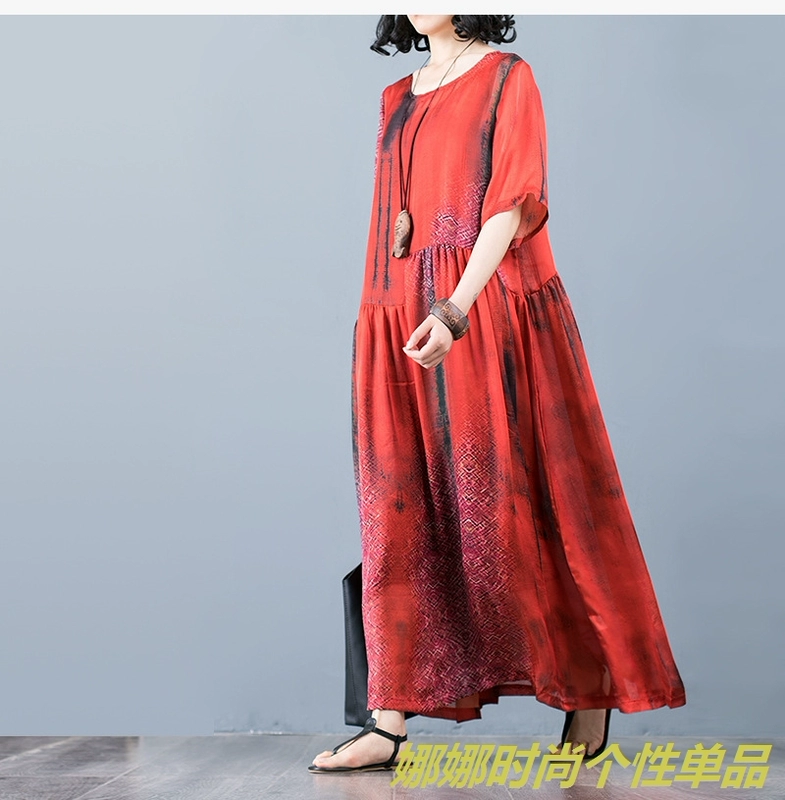 Jin Zhaocheng 2019 dài của phụ nữ dài bất thường swing lụa in đầm khí chất váy dài dây đeo hai mảnh - Sản phẩm HOT