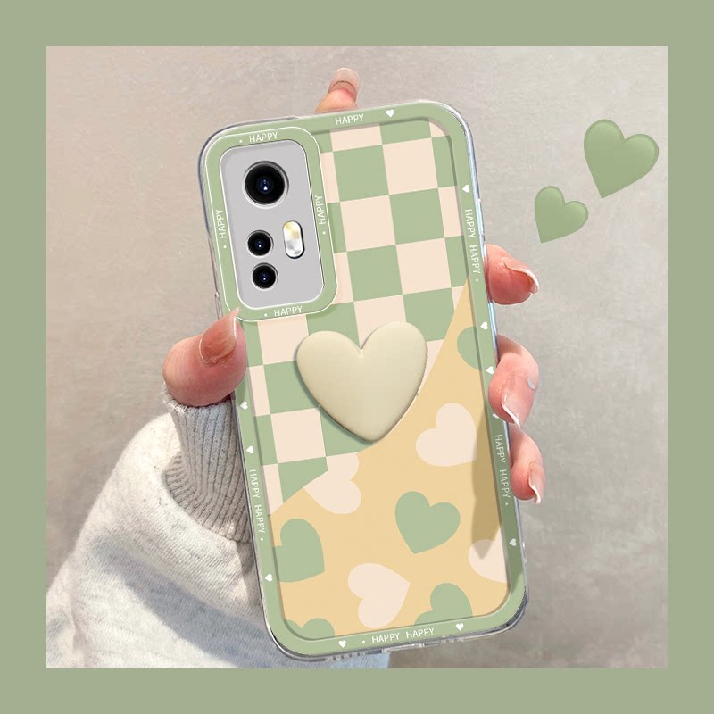 Xiaomi 12pro Cell Phone Case New Women's Xiaomi 10 11pro 10s Youth Edition All-inclusive Shatterproof Transparent Green Plaid Three-Dimensional Love Internet Red SuperHot Ins Trending Personalized Creative Protection