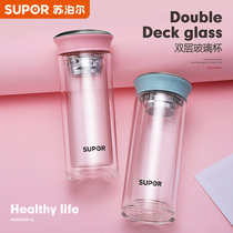 Supor double-layer glass household female and male transparent portable water cup Simple and fresh filter teacup handy cup