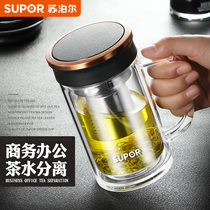 Supor double-layer glass with handle transparent portable water cup mens business tea water separation teacher gift tea cup