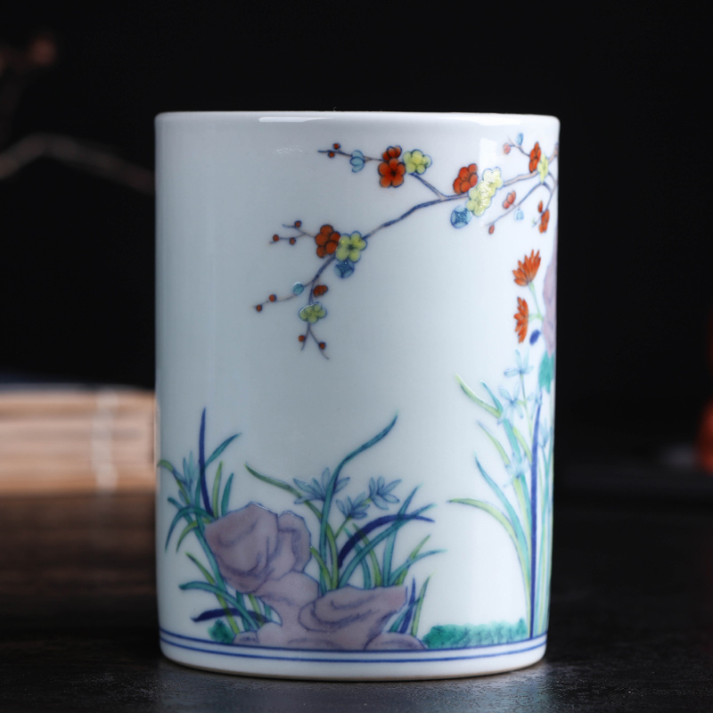 Offered home - cooked in jingdezhen blue and white color bucket hand - made porcelain stationery pen container furnishing articles study four gear porcelain brush pot