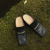 JCCC Shadow Square Head Small Leather Shoes Women's Summer Retro Snake Pattern Chain Baotou Shoes England Mid-Heel Half-Tow Single Shoes