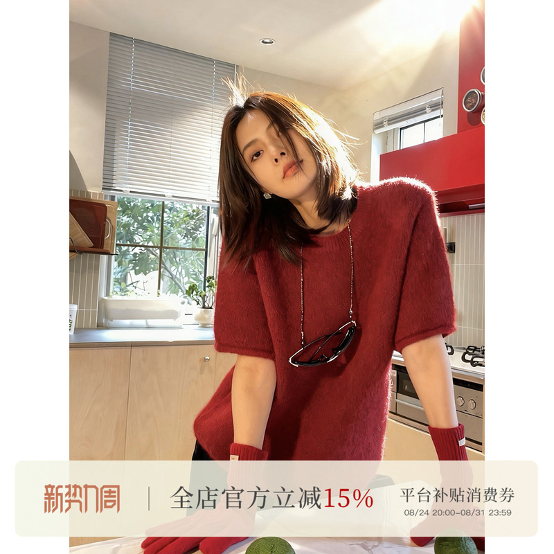 Jccc Shadow [Apple House] Red Christmas Outfit Sheep Wool Soft and Skin-Friendly Short Knitted Round Neck Short Sleeve