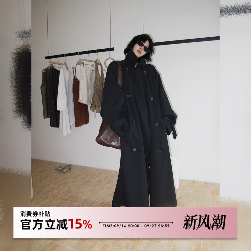 Jccc Shadow [Larch] Two-Tone Silhouette Stand-Up Collar Classic Versatile Mid-Length Autumn and Winter Trench Coat for Women