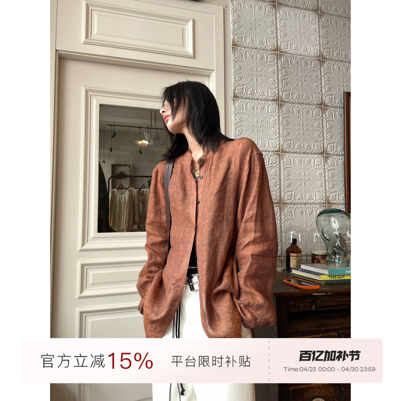 Jccc Shadow [Black Label/Cast Iron Texture] Yarn-Dyed 100% Linen Commuting Sun Protection Long-Sleeve Shirt Top for Women