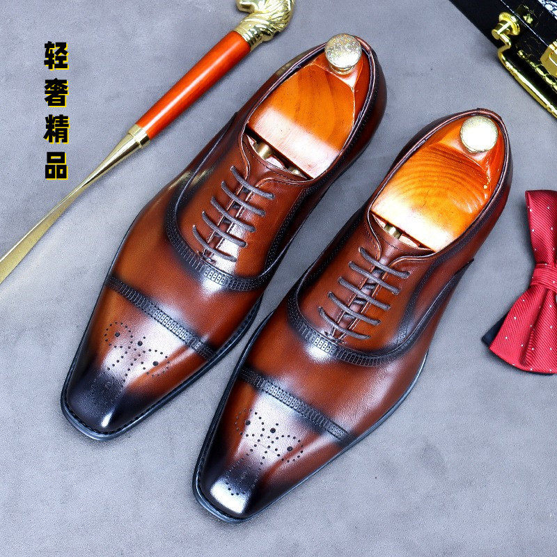 British business formal leather shoes men's pointed toe brogue casual carved breathable brown men's shoes fashion derby shoes
