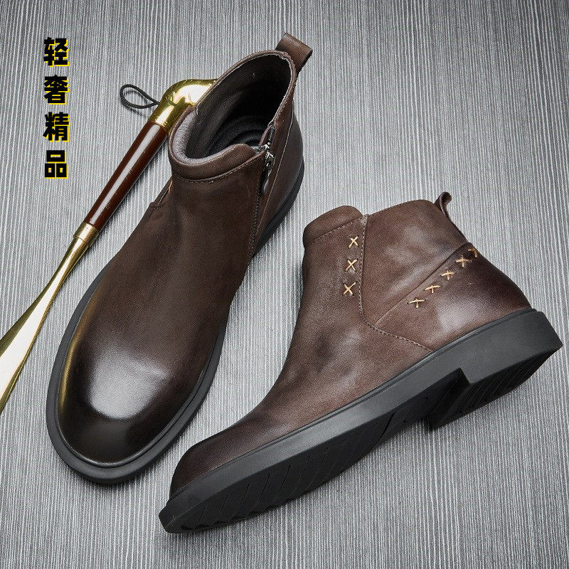 Autumn and winter fashion casual Chelsea boots men's mid-top plus velvet warm tooling boots British retro matte leather Martin boots