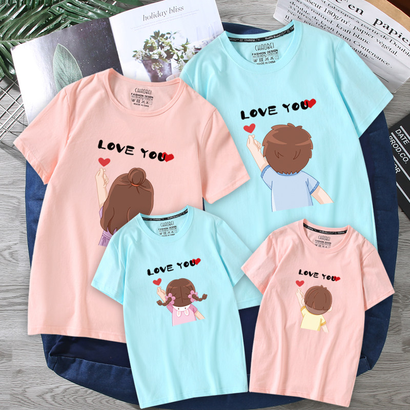 High-end foreign-style parent-child summer hand heart short-sleeved T-shirt A family of three and four Foreign-style mother and child cotton t-shirt