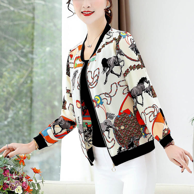 Western-Style Printed Lightweight Jacket, Sun Protection Clothing for Women, 2022 Spring and Summer, Short Imitation Silk Jacket for Middle-Aged and Elderly Mothers