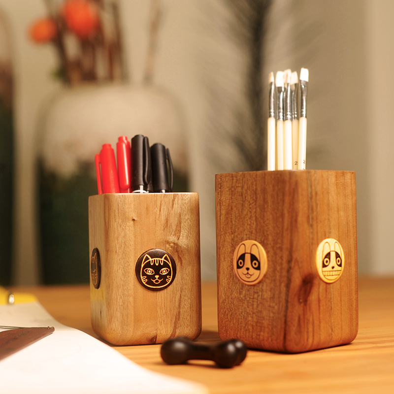Pen holder storage chopsticks holder tea holder solid wood creative fun gift office personality cute design desktop Zhexi