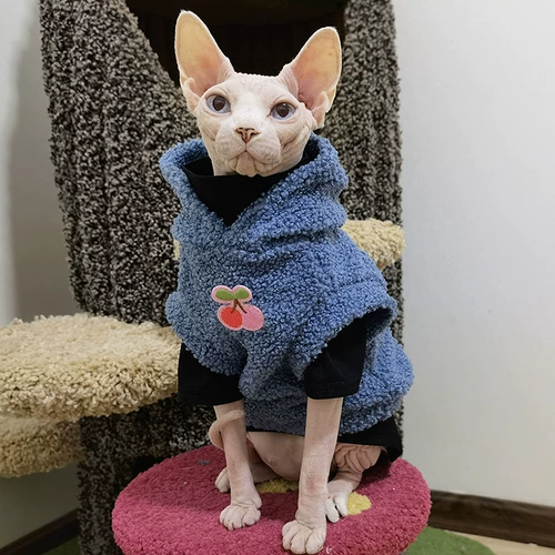 Свежая бесплатная доставка, безволосая одежда для кошек сфинкс немецкая дымка, синяя плюшевая бархатная капюшона зимняя теплая куртка