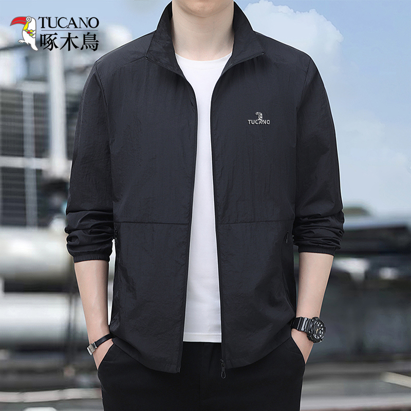 Woodpecker Summer Stand-Up Collar Sun Protection Clothing for Men, Outdoor Sports Skin Clothing, Korean Style Slim Fit Fishing Thin Jacket