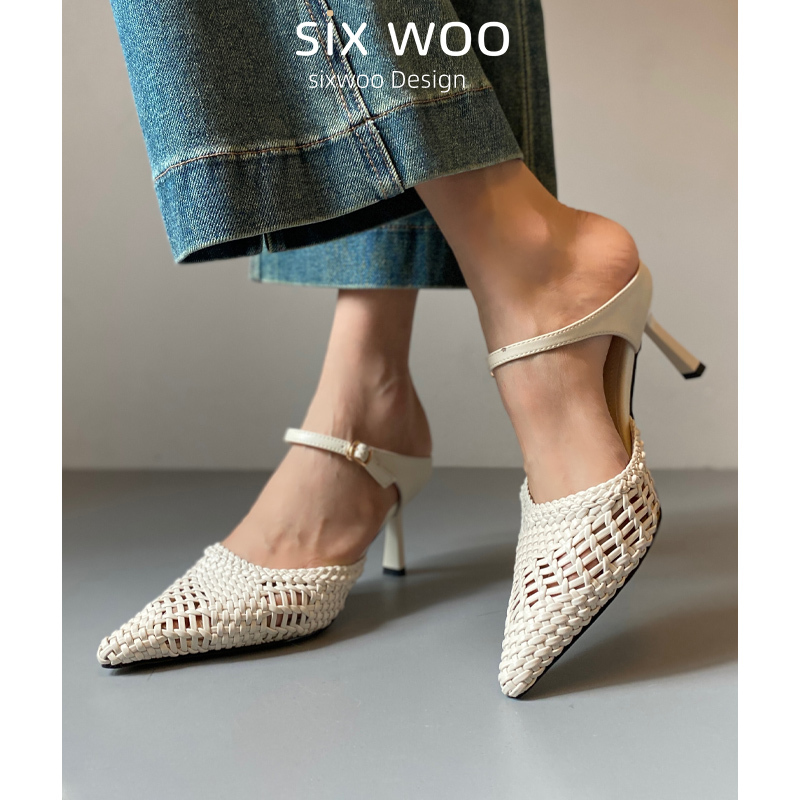 Sixwoo Woven Pointed-Toe High-Heeled Sandals for Women, Off-White Closed-Toe Stiletto Shoes, New Summer Beach Style, Casual