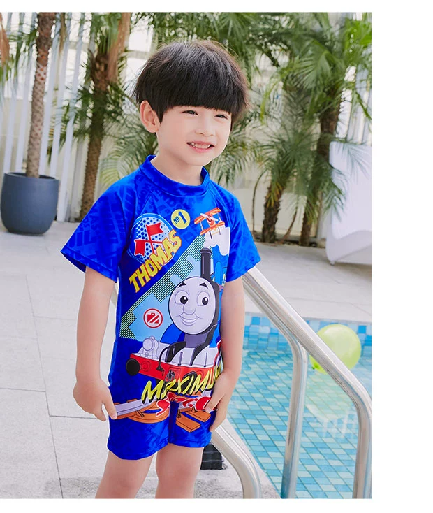 Áo tắm cho trẻ em bé trai Xiêm ngắn tay áo khô nhanh Kem chống nắng Phim hoạt hình Thomas Surfsuit Quần short bé trai bơi - Bộ đồ bơi của Kid