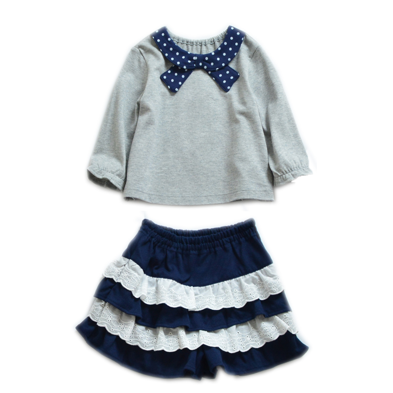 Spring Summer Thousand Pure Cotton Small Children Long Sleeves T-shirt Blouse Blue White Dress Pants Girl Shorts Two-piece Suit