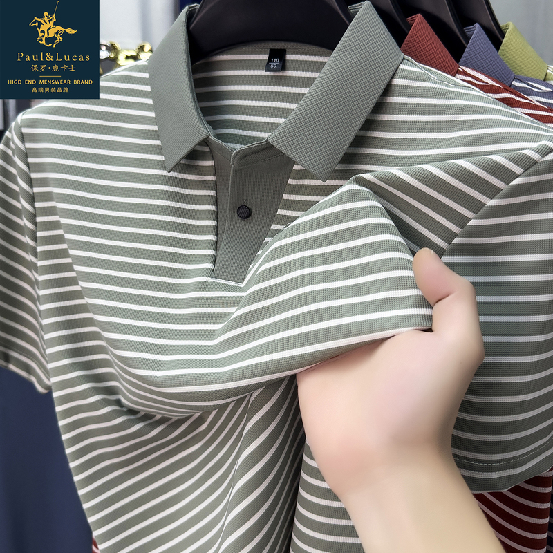 Paul Luka's Summer Pinstripe Display Top, Short-Sleeved Cotton Polo Shirt for Young and Middle-Aged Dads, Trendy Men's T-Shirt