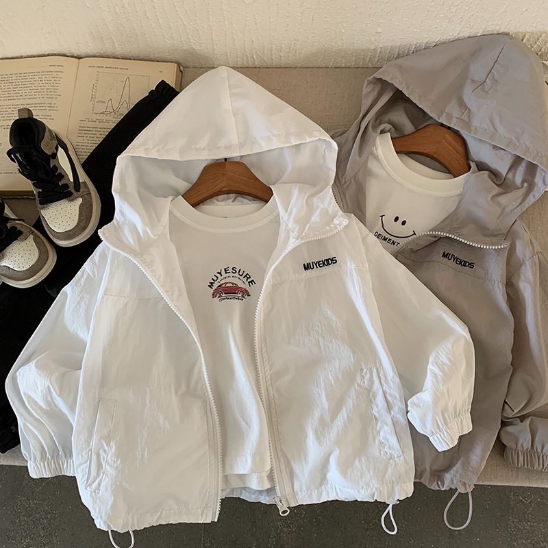 Children's Simple Embroidered Letter Hooded Sun Protection Clothing for Boys and Girls 2026 Summer Lightweight Breathable Jacket Kidsren's Skin Clothing
