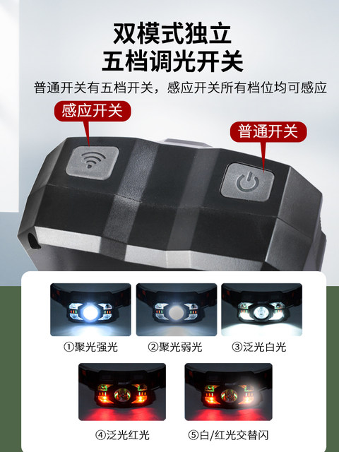 Induction Headlamp with Red and White Dual Light Sources, Ultra-Light and Portable Led Light, Rechargeable, Super Bright, Long-Lasting for Camping, Patrolling, and Beekeeping