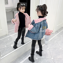 Girls plus velvet denim jacket 2021 New Korean version of foreign style Net Red childrens middle-aged children thick autumn and winter coat