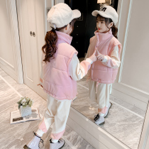 Girls autumn and winter suit 2021 New style big children plus velvet padded vest three-piece set tide