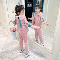 Girls autumn and winter clothing set 2021 new foreign style children plus velvet padded sweater golden velvet three-piece set