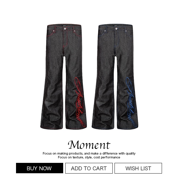 Moment Floral High-Density Front and Back Embroidery Black Red Blue Raw Denim Jeans Straight-Leg Design Slightly Flared 13 oz Men's Jeans Moment Floral High-Density Front and Back Embroidery Black Red Blue Raw Denim Jeans Straight-Leg Design Slightly Flared 13 oz Men's Jeans