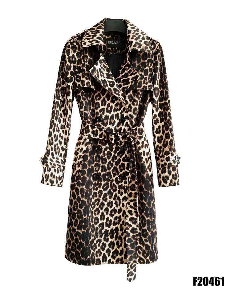 Leopard Print Trench Coat Women's Belt Knee Length Long