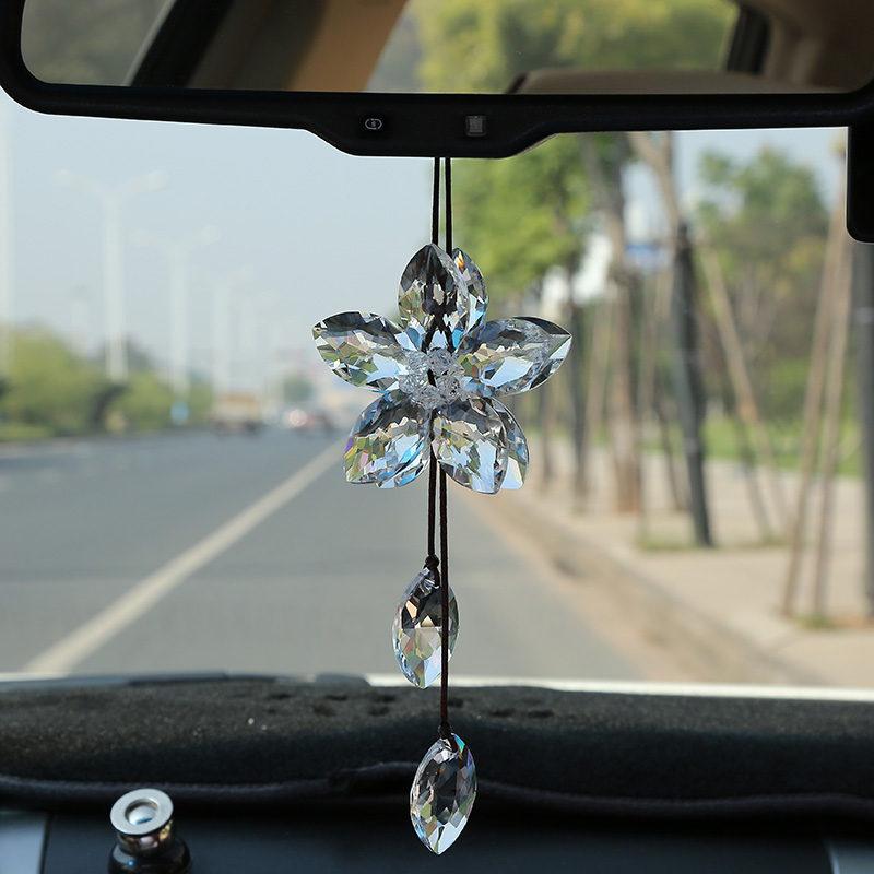 Girl's new four-leafy grass pendant crystal car pendant upscale In-car Trinket Mirror Pendant Lady