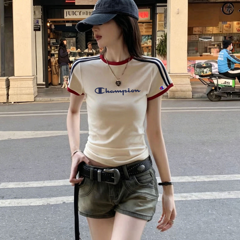 Japanese Style Champion Embroidered Two-Stripe Color-Block Short-Sleeve T-Shirt for Women, Summer Short Round-Neck Slim-Fit Slimming College Style Top Japanese Style Champion Embroidered Two-Stripe Color-Block Short-Sleeve T-Shirt for Women, Summer Short Round-Neck Slim-Fit Slimming College Style Top