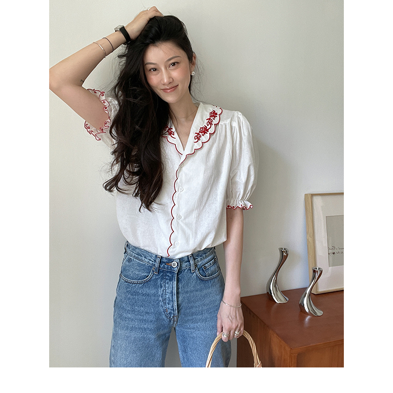 Crocch Red Lace Embroidered Shirt Woman 2023 New French Romantic Cotton Flaw comfortable breathable tops