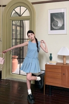 MAXMENT Japanese retro denim skirt pleated A-line vest sleeveless dress