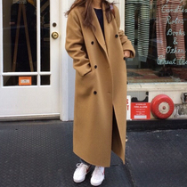 Korean chic autumn and winter French style retro suit collar double-row buttoned loose cardiovert long style with a knee fur coat big coat