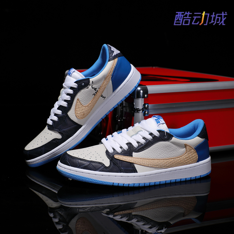Nike Custom Sneakers Nike Air Jordan 1 Lightning Blue Swoosh Low-Top Crocodile Leather Spliced with Python Skin