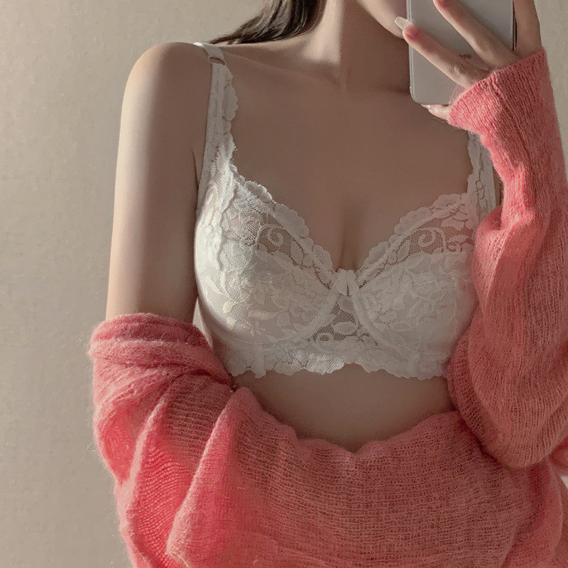 vicy French sexy lace ultra-thin breathable underwear women's big breasts show small bra gathered on the support adjustable bra