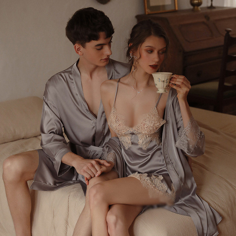 vicy ice silk temptation pajamas suspenders nightdress female suspenders sexy lace home nightgown male couple suit