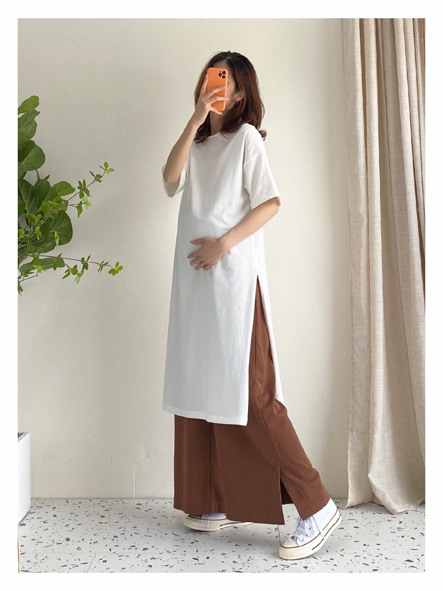 A Ma Maternity Autumn Cotton Mid-length T-shirt with Zippers on Both Sides Breastfeeding Three-quarter Sleeves Going Out with Slits Personality Long Shirt