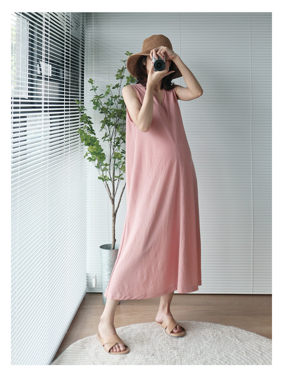 A Ma Pregnant Woman Summer Dress Dress Pure Color Minima 100 lap V collar Long paragraph Cool Sleeveless Thin-Spicy Mother Dress-Taobao