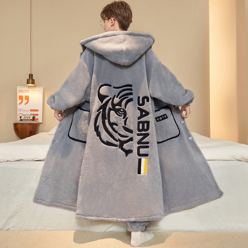 Men's Long Coral Fleece Thickened Pajamas, Autumn and Winter Bathrobe, Youth Plus Size Loungewear
