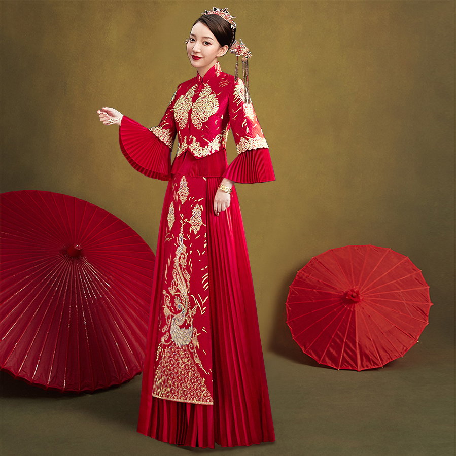 Show and suit 2020 new wedding show and wedding dress Chinese style bridal clothes Chinese Wind Longfeng Hanging Wedding Clothes Thin