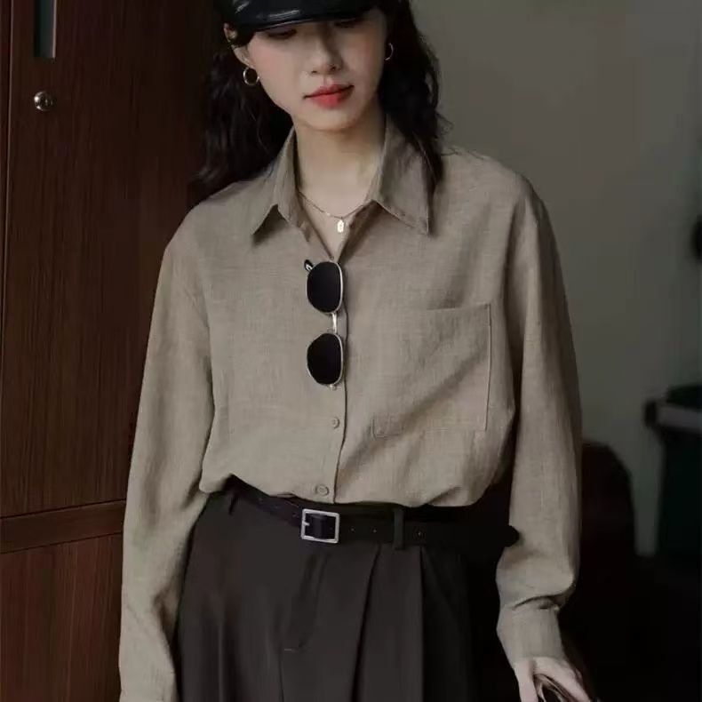 Green Design-Inspired Loose-Fitting Retro Hong Kong-Style Solid Color Long-Sleeve Shirt for Women, Slimming, New Fashion Shirt for Spring and Autumn