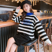 Childrens clothing girls sweater autumn winter clothing 2021 New Chinese children autumn dress stripes base shirt girls foreign tide