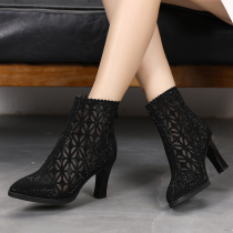 2022 New High Heel Spring Autumn Single Boots Woman Hollowed-out Mesh Yarn Boots Coarse Heel Martin Boots Breathable Mesh Shoes Pointed Short Boots