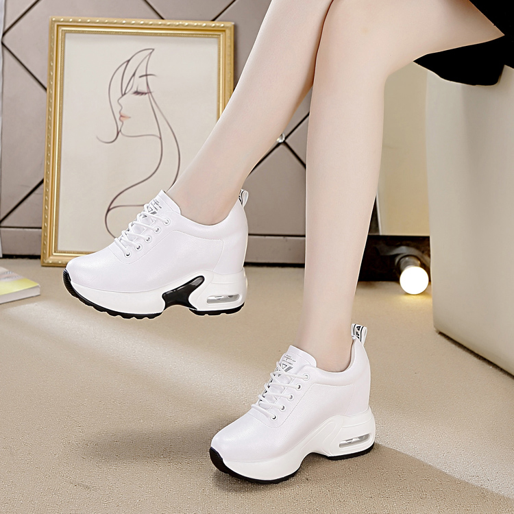 Net Genuine Leather Women Shoes New 10cm Heightening Casual Sneakers Women's Single Shoes 2022 Spring Autumn With Holes Air Cushion Breathable