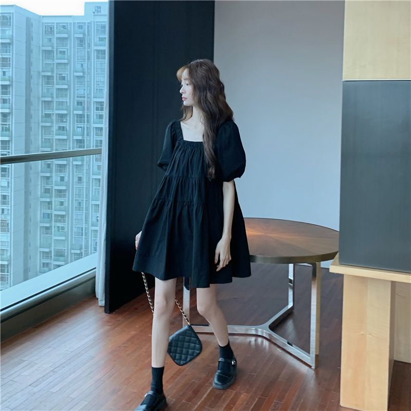 French Hepburn Style Square-Neck Dress for Women, New Summer Plus-Size Dress for Chubby Women, Slimming Puff Sleeves, Little Black Dress