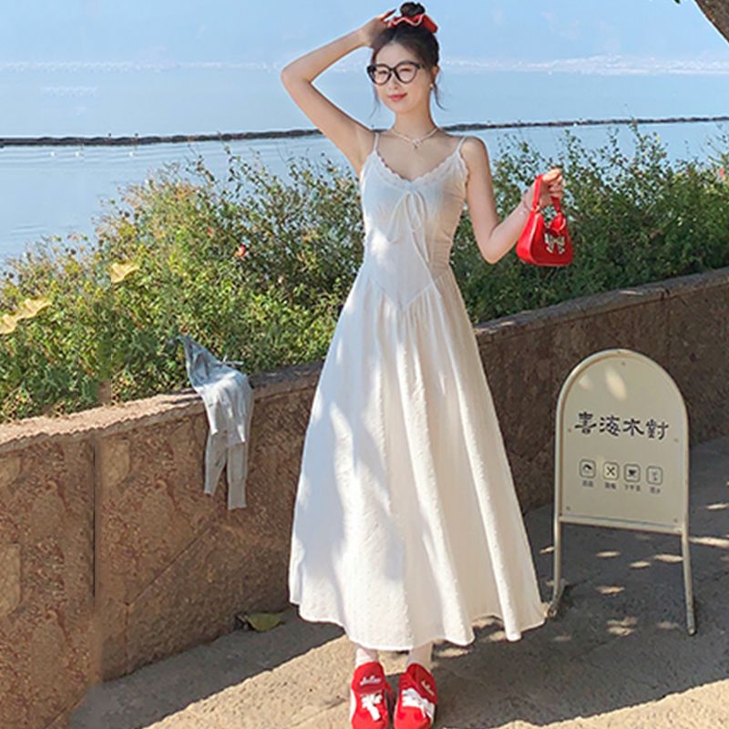 Pure and Alluring White Embroidered Spaghetti Strap Dress for Women, Perfect for Beach Vacations, Photoshoots, Waist-Slimming, Date Nights, and a Gentle Fairy-Like Look