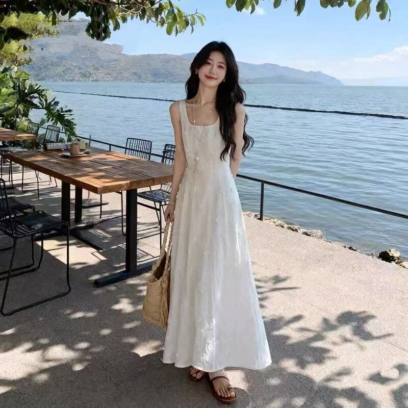 French Style U-Neck Embroidered White Sleeveless Dress for Women in Summer Seaside Vacation Waist Slimming Vest Long Dress French Style U-Neck Embroidered White Sleeveless Dress for Women in Summer Seaside Vacation Waist Slimming Vest Long Dress